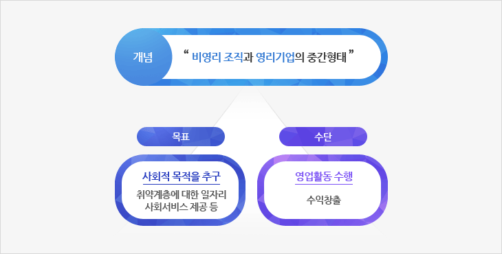 개념: 비영리 조직과 영리기업의 중간형태 / 목표: 사회적 목적을 추구(취약계층에 대한 일자리 사회서비스 제공 등) / 수단: 영업활동 수행(수익창출)