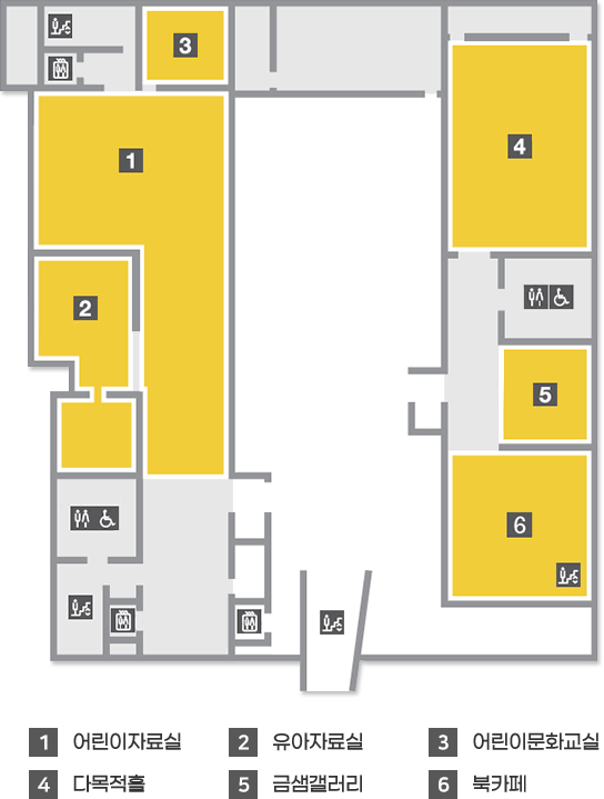 지상1층 - 외부정문계단에서 시계반대방향으로 북카페, 금샘갤러리, 화장실, 다목적홀, 어린이문화교실, 비상계단, 엘리베이터, 어린이자료실, 유아자료실, 화장실, 비상계단, 엘리베이터 위치