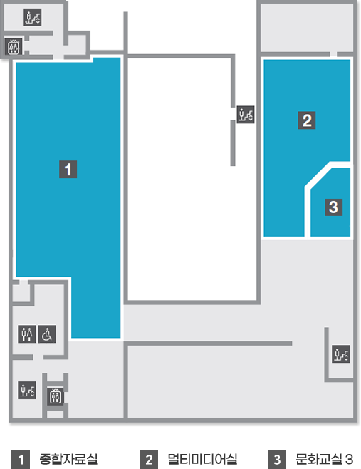 지상2층 - 중앙계단에서 시계반대방향으로 비상계단, 엘리베이터, 종합자료실, 화장실, 비상계단, 엘리베이터, 계단, 문화교실3, 멀티미디어실 위치