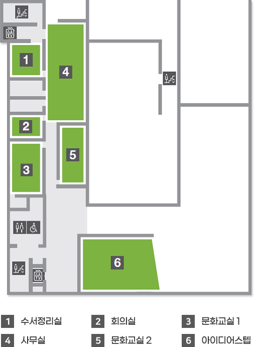 지상3층 - 중앙계단에서 시계반대방향으로 비상계단, 엘리베이터, 수서정리실, 사무실, 회의실, 문화교실2, 문화교실1, 화장실, 계단, 엘리베이터, 아이디어스텝 위치
