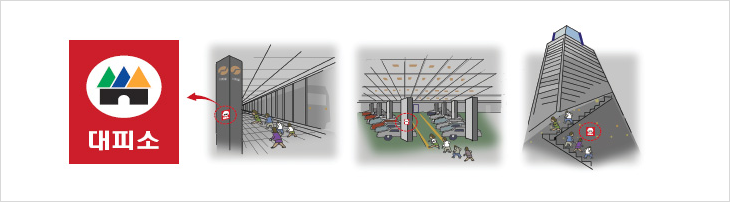 지하철역, 지하주차장, 대형건물 지하실 등 대피소 표지판이 부착되어 있는 지하시설