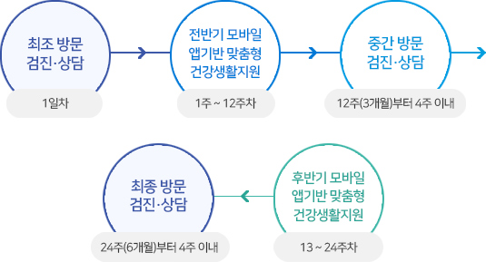 모바일 헬스케어 서비스 제공 프로세스:1) 최초 방문 검진, 상담1일차, 2) 전반기 모바일 앱기반 맞춤형 건강생활지원 1주~12주차, 3) 중간 방문 검진 상담 12주(3개월)부터 4주이내 4) 후반기 모바일 앱기반 맞춤형 건강생활지원 13~24주차 5)최초 방문 검진 상담 24주(6개월)부터 4주이내  