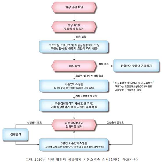 2020년 성인 병원밖 심장정지 기본소생술 순서(일반인 구조자용)