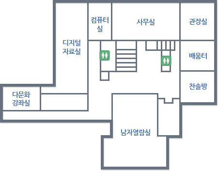 지상2층 - 계단에서 시계반대방향으로 사무실, 컴퓨터실, 디지털 자료실, 다문화 자료실, 남자열람실, 찬솔방, 배움터, 관장실 위치