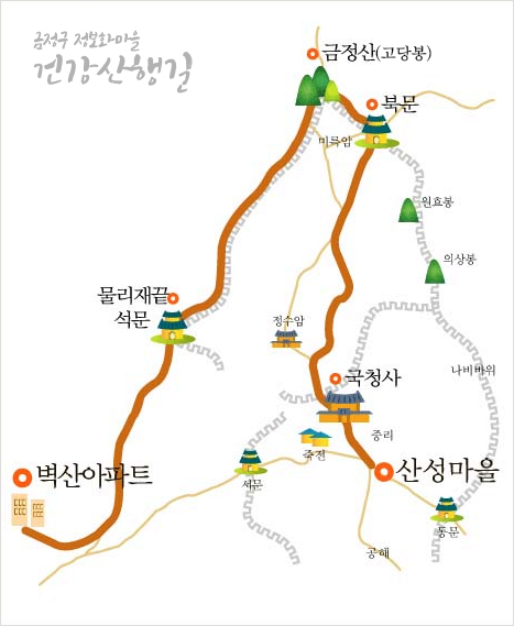 제1길(화명벽산아파트~산성마을) 지도: 어린이 대공원- 백양산 남문 갈림길 - 석불사 - 남문 -수박샘 - 산성마을 