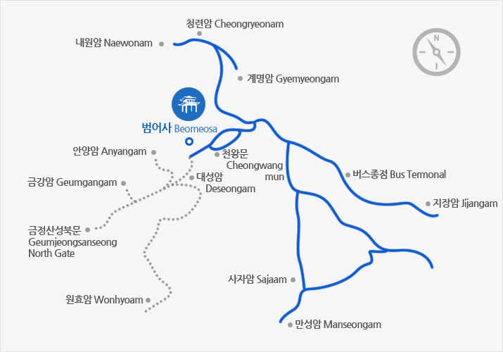 등산코스:범어사 주차장-내원암-고당봉-북문-정수암-산성마을(9km, 2시간40분)