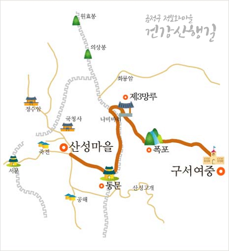 제1길(구서여중~산성마을) 지도: 구서여중 - 폭포- 제3망루- 동문- 산성마을