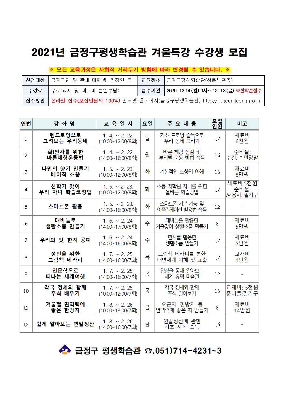 ★2021년 금정구평생학습관 겨울특강 수강생 모집