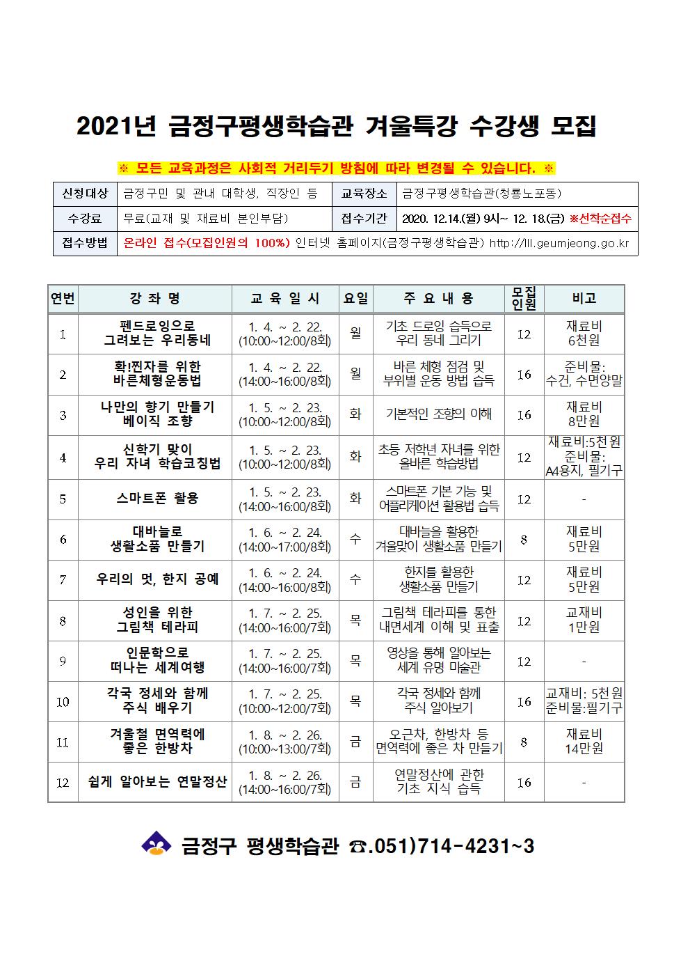 ★2021년 금정구평생학습관 겨울특강 수강생 모집