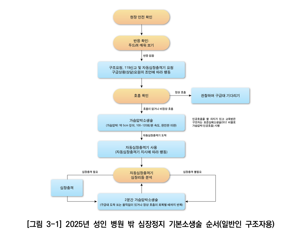 2026년 성인 병원밖 심장정지 기본소생술 순서(일반인 구조자용)