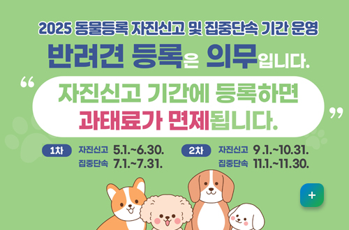 2025 동물등록 자진신고 및 집중단속 기간 운영
반려견 등록은 의무입니다
-자진신고 기간에 등록하면 과태료가 면제 됩니다.-
1차: 자진신고 5.1 ~6.30. 집중단속 7.1.~7.31.
2차: 자진신고 9.1 ~10.31 집중단속 11.1 ~11.30
자세히보기