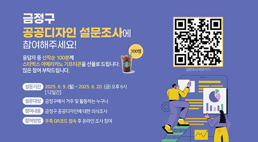 금정구 공공디자인 설문조사에 참여해주세요!
응답자중 선착순100분께 스타벅스 아메리카노 기프티콘을 선물로 드립니다.
많은 참여 부탁드립니다.
설문기간 2025.6.9.월~2025..20.금 오후 6시(12일간)