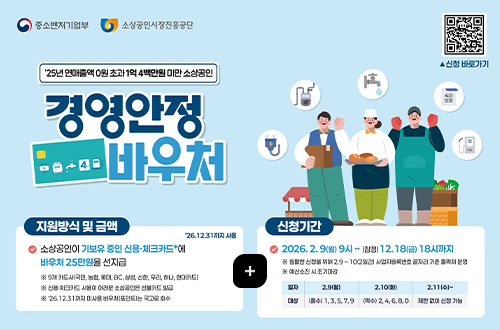 2026년 소상공인 경영안정 바우처 지원사업 중소기업벤처부
소상공인시장진흥공단

2025년 연매출액 0원 초과 1억 4백만원 미만 소상공인

경영안정 바우처

QR코드링크
(https://voucher.sbiz24.kr/)

지원방식 및 금액
2026.12.31까지 사용가능
소상공인이 기보유 중인 신용·체크카드에 바우처 25만원을 선지급
※9개 카드사(국민,농협,롯데,BC,삼성,신한,우리,하나,현대카드)
※신용·체크카드 사용이 어려운 소상공인은 선불카드 발급
※26.12.31까지 미사용 바우처(포인트)는 국고로 회수

신청기간
2026.2.9(월) 9시 ~ 12.18(금) 18시까지
※원활한 신청을 위해 2.9 ~ 10(2일간) 사업자등록번호 끝자리 기준 홀짝제 운영
※예산소진 시 조기마감

[일자] 2.9(월) [대상] (홀수)1,3,5,7,9
[일자] 2.10(화) [대상] (짝수)2,4,6,8,0
[일자] 2.11(수) [대상] 제한 없이 신청 가능

더보기+