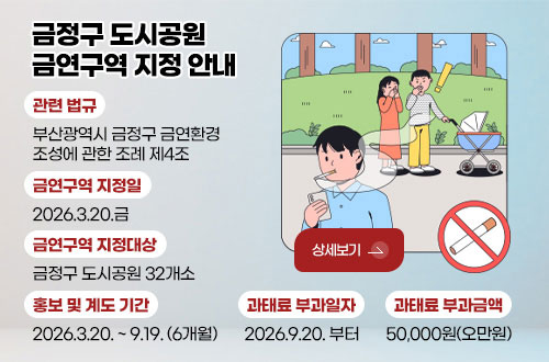금정구 금연구역 지정 안내 금정구 도시공원
금연구역 지정 안내

관련 법규
부산광역시 금정구 금연환경
조성에 관한 조례 제4조

금연구역 지정일
2026.3.20.금

금연구역 지정대상
금정구 도시공원 32개소

홍보 및 계도 기간
2026.3.20. ~ 9.19. (6개월)

상세보기 >

과태료 부과일자
2026.9.20. 부터

과태료 부과금액
50,000원(오만원)