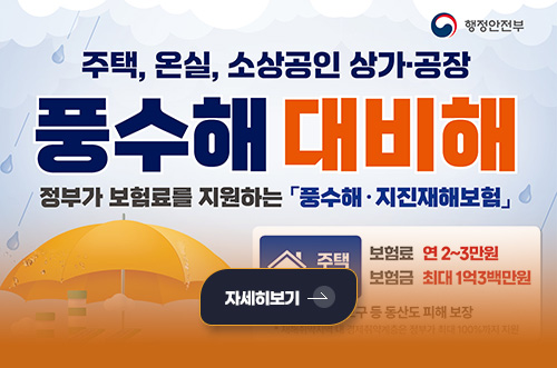 풍수해·지진해일보험 안내 행정안전
주택, 온실, 소상공인 상가·공장

풍수해 대비해
정부가 보험료를 지원하는 풍수해·지진재해보험

자세히보기 >