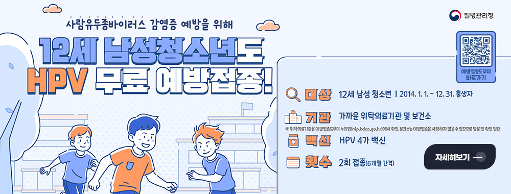 질병관리청
사람유두종바이러스 감염증 예방을 위해 12세 남성청소년도 HPV 무료 예방접종!
대상 12세 남성 청소년 | 2014.1.1. ~ 12.31. 출생자
기관 가까운 위탁의료기관 및 보건소
※ 위탁의료기관은 예방접종도우미 누리집 (nip.kdca.go.kr)에서 확인, 보건소는 예방접종을 시행하지 않을 수 있으므로 방문 전 확인 필요
QR코드링크(https://m.site.naver.com/23srs)
예방접종도우미 바로가기
백신
HPV 4가 백신
횟수 2회 접종 (6개월 간격)
자세히보기 >